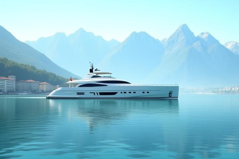 Blick auf den Hafen von Genf mit Yacht und Alpenkulisse